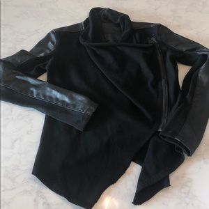 Faux Leather/Cotton Zip Up Asymmetrical Jacket